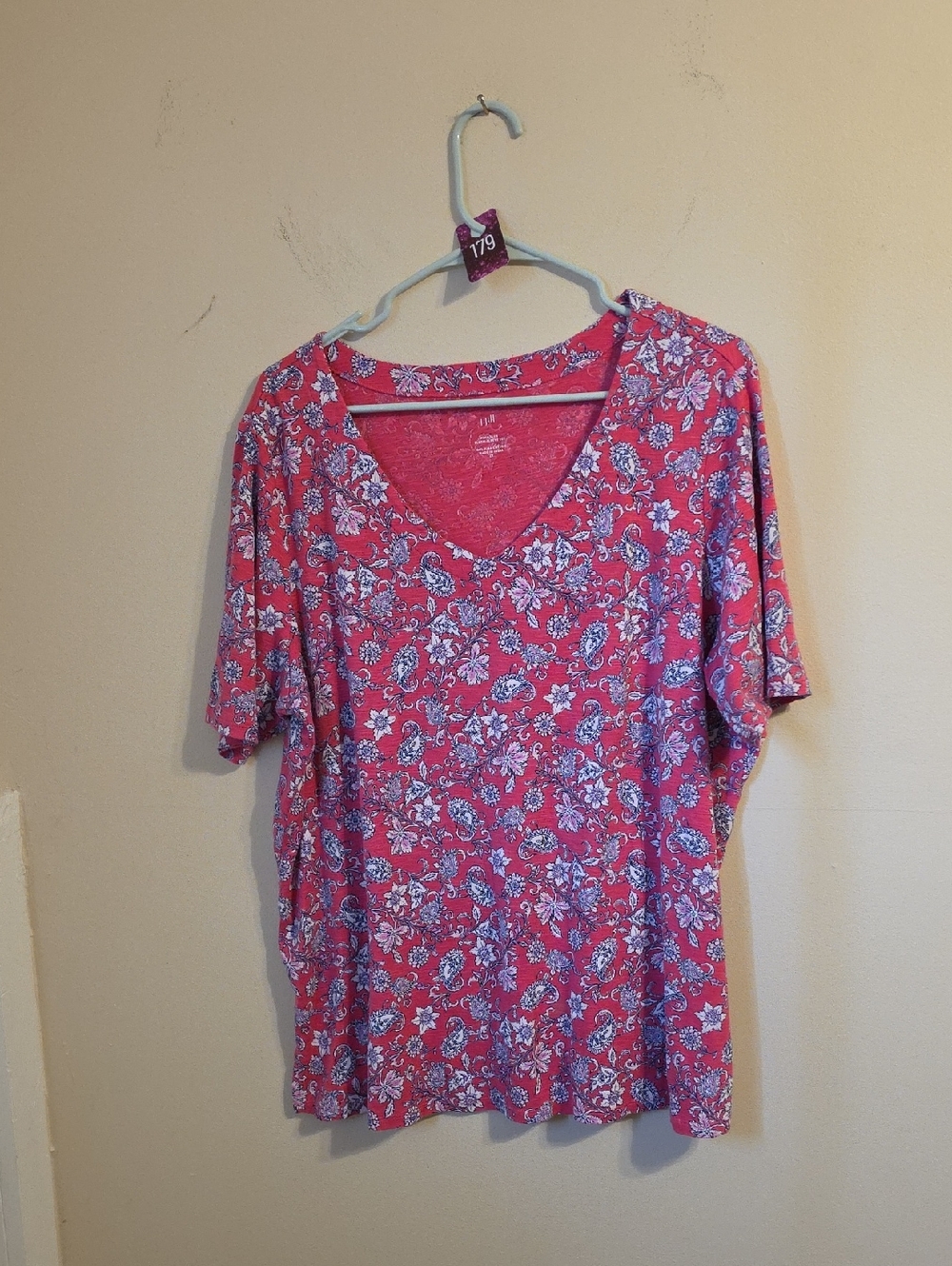 J Jill Pink Floral Pima Slub Elbow Sleeve Tee. In EUC